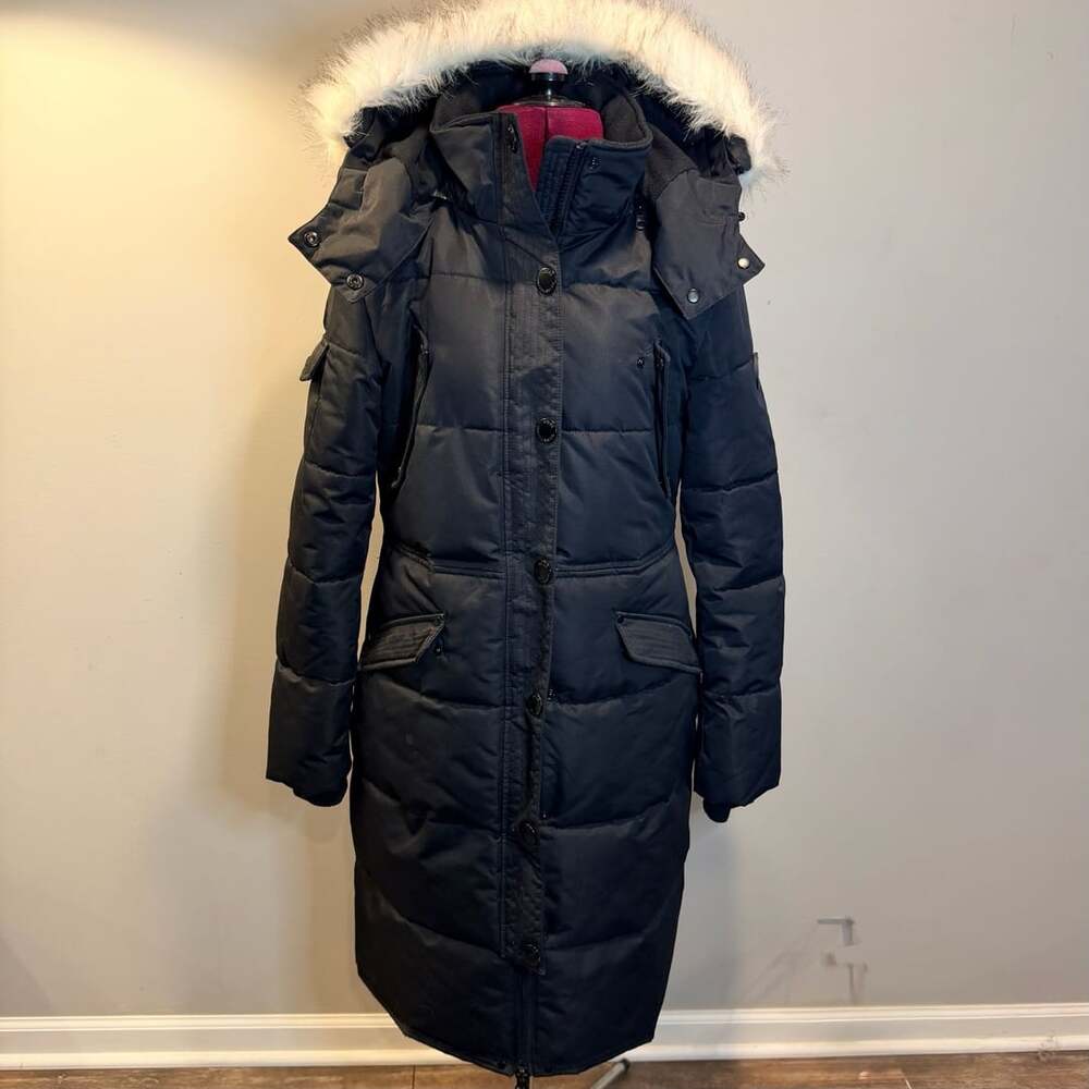 Noize Kaylee Long Black Quilted Vegan Down Parka Jacket w/Faux Fur Hood, SZ M